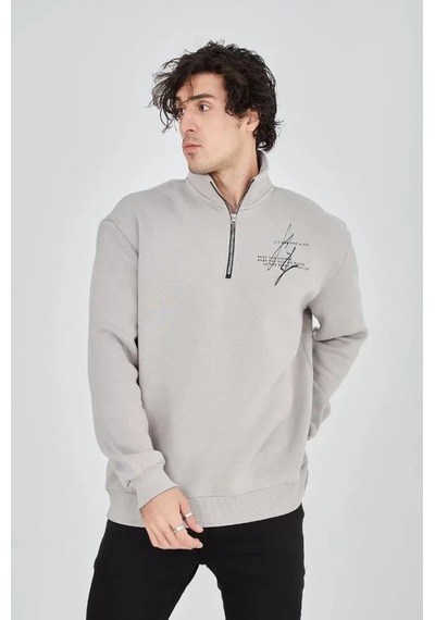 Veraura Lifestyle Erkek Yarım Fermuarlı Baskılı Sweat - Boyalı Gri
