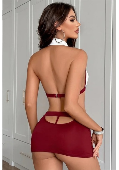 Emvera Kadın Şık Tasarım Bordo Yırtmaçlı Mini Etek Ve Boyundan Bağlamalı Büstiyer Hostes Kostümü Takımı