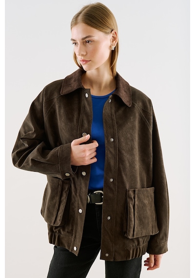 Manuka Deri Garni Yakalı Oversize Mont Kahverengi Aw26mnt00002-122