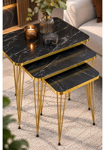 Sulorahome Siyah Mermer Desenli Gold Metal Ayaklı 3'lü Zigon Sehpa Takımı