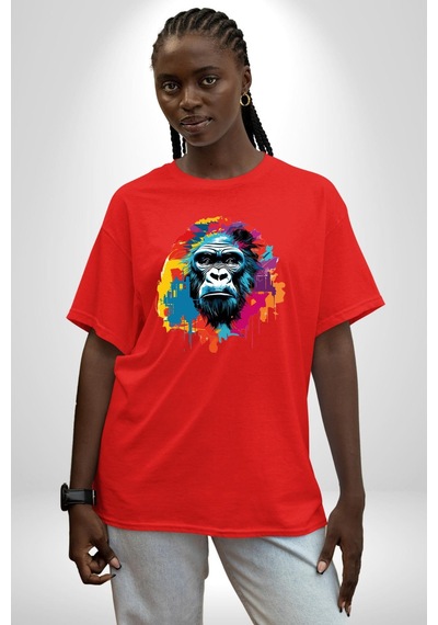 Renkli Maymun Goril Pamuklu Bisiklet Yaka Unisex Oversize Boyfriend Dijital Baskılı Kırmızı T-shirt Kırmızı