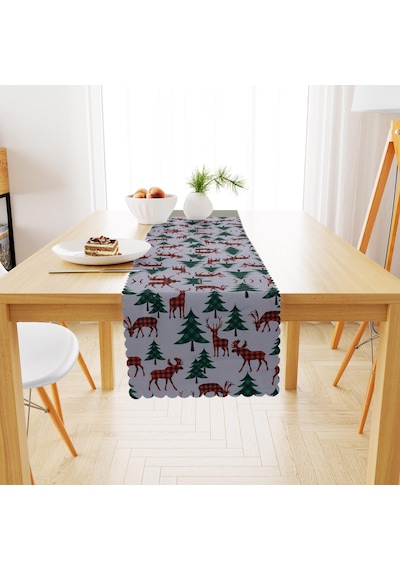 Yılbaşı Ağacı Geyik Desenli Beyaz Zemin Dijital Baskılı Petek Dokuma Runner 40x140