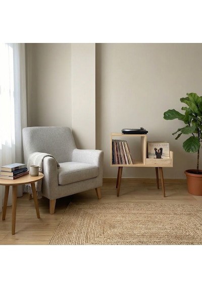 Sera 44x78cm Ahşap Retro Pikap Sehpası, Metal Raflı Plak Organizer, Plak Düzenleyici, Plak Dolabı Safir Meşe