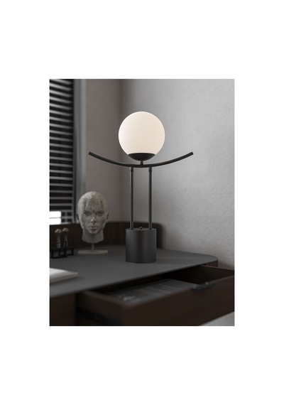 Lal Modern Siyah Metal Gövdeli Beyaz Camlı Küre Başlıklı Led Uyumlu Masa Lambası Pilli