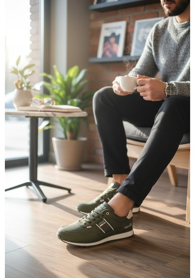 Enoch Erkek Deri Görünümlü Retro Spor Ayakkabı - Günlük Klasik Sneaker Haki
