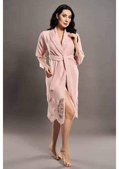 Dantelli Kısa Şalyaka Bukle Bambu Cotton Bayan Bornoz Pudra