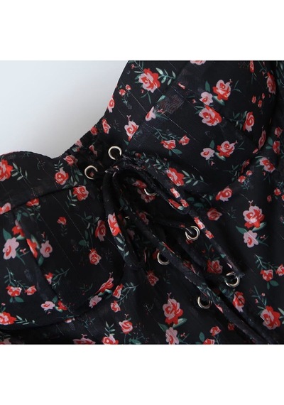 Fashion Cocktail Göğüs Korseli Sırt Lastikli Çiçekli Uzun Kol Bağlamalı Dudak Göğüslü Şifon Elbise Siyah Fashion Cocktail Göğüs Korseli Sırt Lastikli Çiçekli Uzun Kol Bağlamalı Dudak Göğüslü Şifon Elbise Siyah
