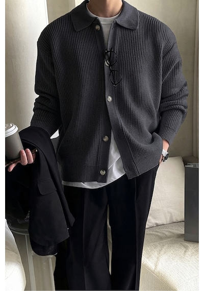 Serablanka Erkek Polo Yaka Oversize Triko Hırka Füme