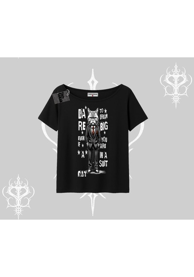 Startmore Startmore Dream Big Yazılı Takım Elbiseli Kedi Baskılı Kayık Yaka Tshirt Siyah