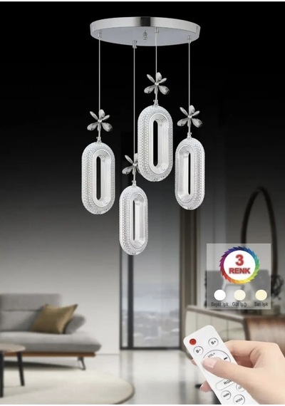 4'li Krom Kaplama Sarkıt Kumandalı Led Salon Avize 3 Renk Ledli Krom