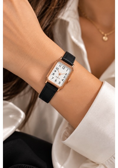 Kadın Kol Saati Rose Gold Kasa, Deri Kordon Siyah