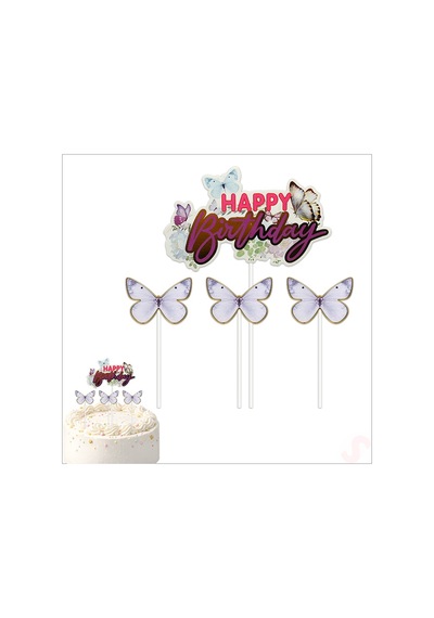 Kelebekli Happy Birthday Pasta Süsü 4 Lü Set - Mor