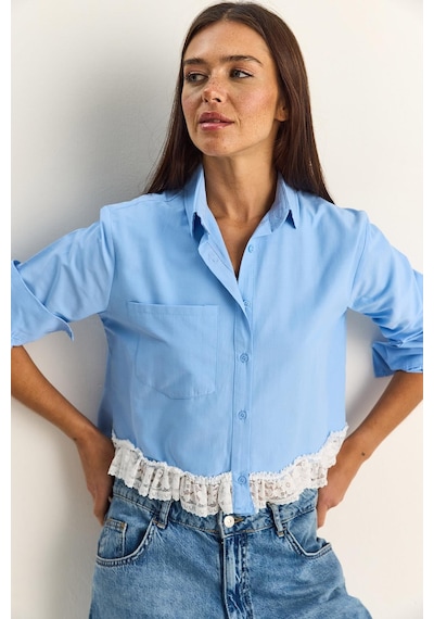 Shade Kadın Dantel Detaylı Poplin Crop Gömlek Dg261024 60286098 - Mavi