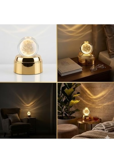 Kristal Küre Ay Lambası, Altın Renkli Taban, Led Işıklı, Masa Lambası, 15 Cm, Sıcak Beyaz Işık Diğer