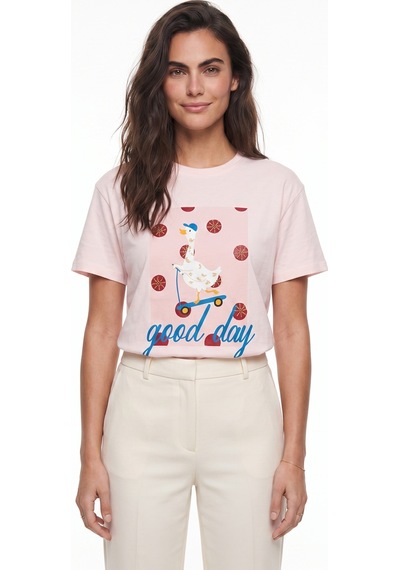 Onloox Kadın Pudra Pudra Hafif Kumaş Bisiklet Yaka Kısa Kollu Relaxed Fit Figür Baskılı Nakış Detaylı T-shirt