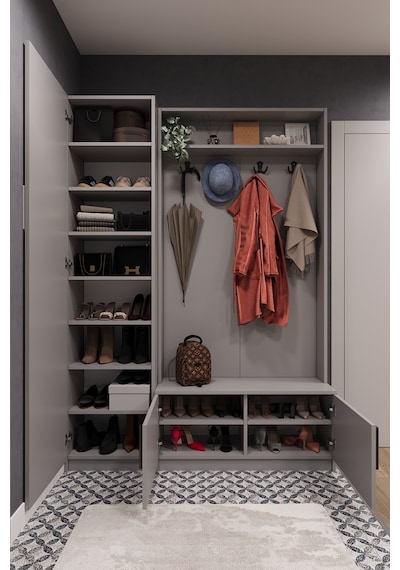Asra Trend Vestiyer & Portmanto V-01 %100 MDF Askılı Çok Raflı Ayakkabılık Kül Gri