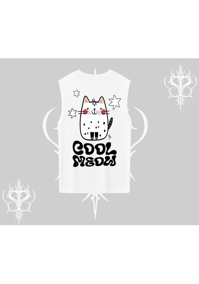 Startmore Startmore Cool Meow Yazılı Sevimli Kedi Arka Baskılı Kolsuz Tshirt Beyaz