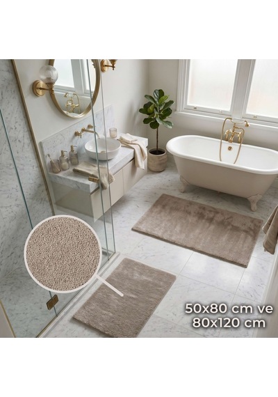 Queen Ultra Soft 2’li Paspas Seti | Bej 50x80 + 80x120 CM Banyo, Mutfak ve Antre Çok Amaçlı Kullanım