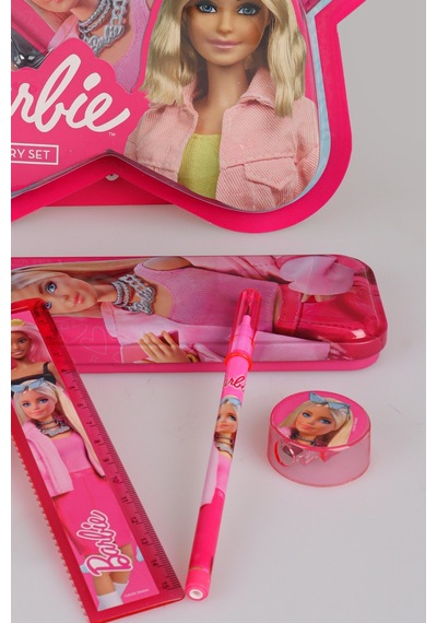 X Dekomus Lisanslı Barbie Yıldız Tasarımlı 5'li Kırtasiye Seti Metal Kalem Kutusu,cetvel,kalem Açık Gri