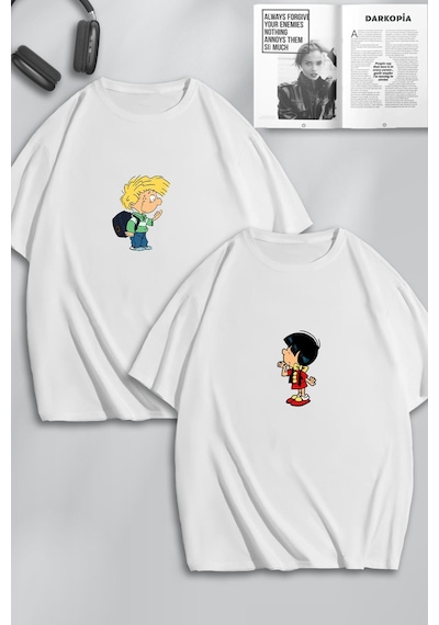 Unisex Kadın Erkek Cedric Ve Chen Baskılı Sevgili Çift Kombini Tasarım Oversize Tshirt 2'li Beyaz Mck0090 Beyaz