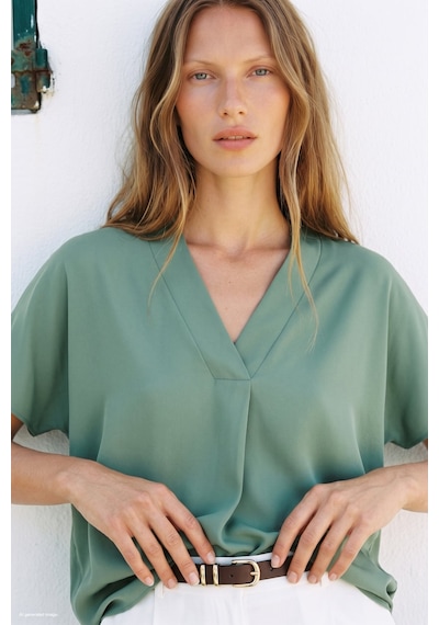 Sateen Geniş Kısa Kollu Bluz - Mint-137800 MİNT