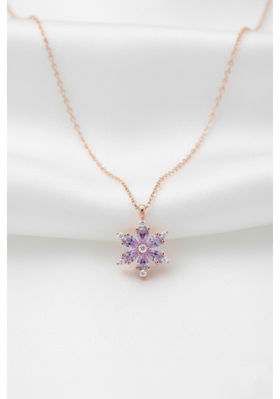 Çekirdekjewelry 925 Ayar Gümüş Lila Taşlı Kamelya Çiçeği Kolye Pembe