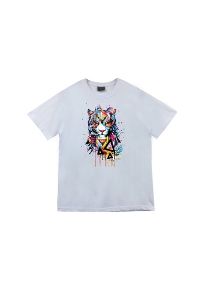 Stoned&Fame Unisex Beyaz Kaplan Baskılı T-shirt Beyaz