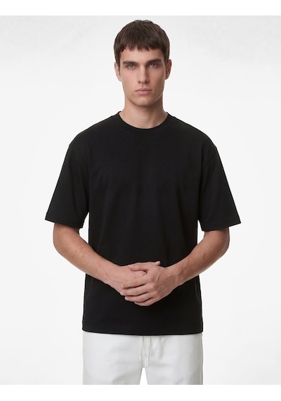 Koton Kısa Kollu Pamuklu Tok Kumaş Bisiklet Yaka Oversize Basic Tişört Siyah 6sam10385mk