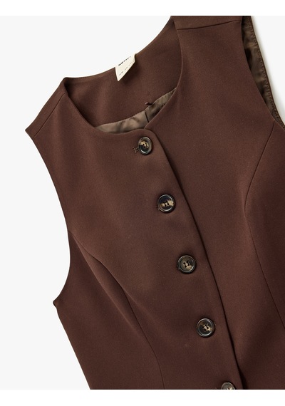 Koton Bisiklet Yaka Düğmeli Slim Fit Blazer Yelek Kahverengi 6wak20028pw Kahve