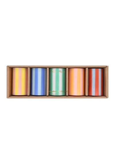 Meri Meri - Bright Striped Pillar Candles - Parlak Çizgili Sütun Mumlar - 5 Adet Çok Renkli