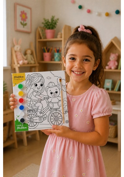 Ayıcıklı Bisiklet Boyama Tuvali Şövalesiz Boya Seti 20x20