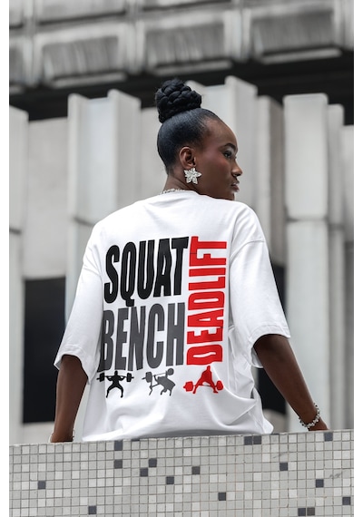 Squat Bench Deadlift Sırt Baskılı Unisex Oversize Sporcu Fitness Beyaz