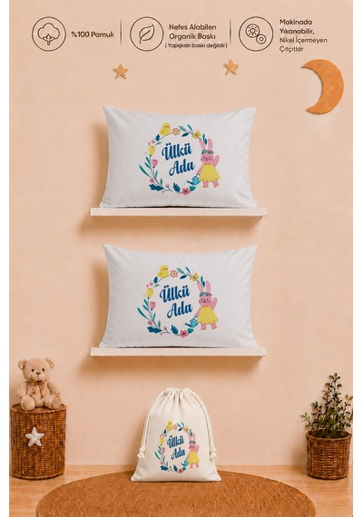 İsim Baskılı Kız Bebek Hediyesi 2'li 35x45 Pamuk Yastık Kılıfı Ve Ham Bez Bebek Kıyafet Kesesi 2001y2k0x