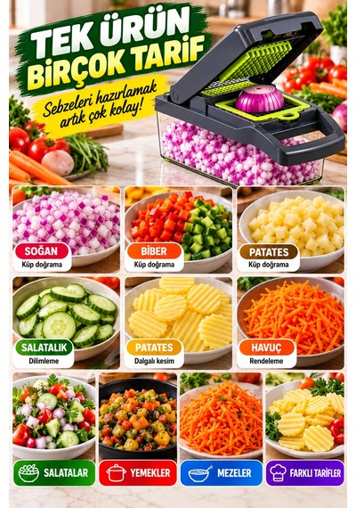 15 Parça Çok Fonksiyonlu Sebze Doğrayıcı Rende Dilimleyici Hazneli Pratik Mutfak Kesici Set Aparatlı Yeşil