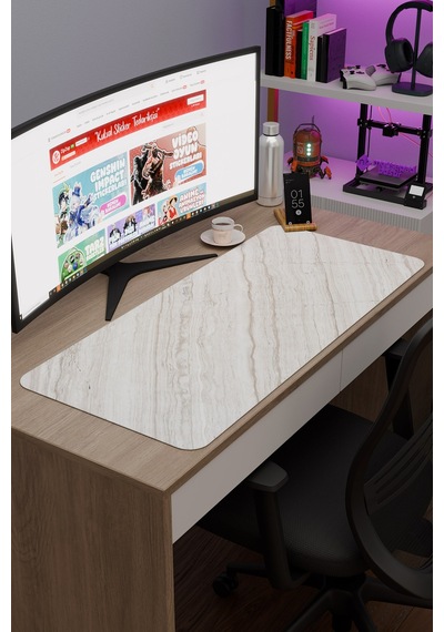 Beyaz Mermer Kaymaz Dikişli Kauçuk Oyuncu Mousepad V2 - 90x40 Xxl Gaming Mouse Pad Fare Altlığı