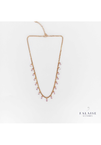 Pembe Baget Taşlı Zincir Kolye 45cm Altın - Pembe