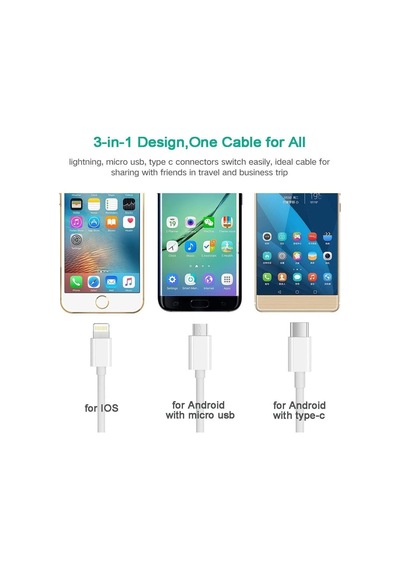 5103 Micro Usb Type C Lightnin Usb Data Şarj Kablosu, Beyaz