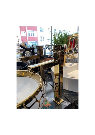 İsaoğlu Yapı Gold Çanak Bataryası Gold Kare Lavabo Musluğu Premium Yüksek Model Armatür Gold