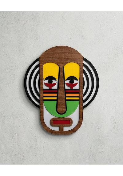 El Yapımı Renkli Soyut Yüz Maske - Ahşap Duvar Dekoru, Sarı Gözlü Modern Tribal Sanat Paneli Mdf 1