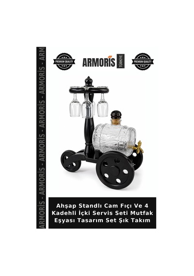 Ahşap Standlı Cam Fıçı Ve 4 Kadehli İçki Servis Seti Mutfak Eşyası Tasarım Set Şık Takım