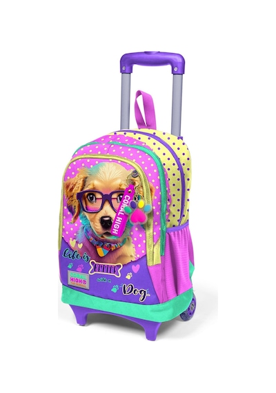 Coral High Kids Sarı Pembe Sevimli Köpek Desenli Üç Bölmeli Çekçekli Okul Sırt Çantası 23952