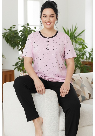 Siyah İnci Desenli Pamuklu Büyük Beden Battal Boy Örme Pijama Takım 26113886 Lila