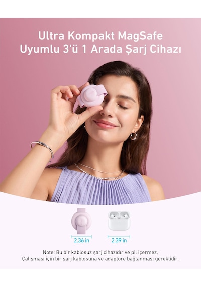 Anker Ufo Maggo Kablosuz Şarj Cihazı 3'ü 1 Arada, Katlanabilir Ped - Pembe - B25m8