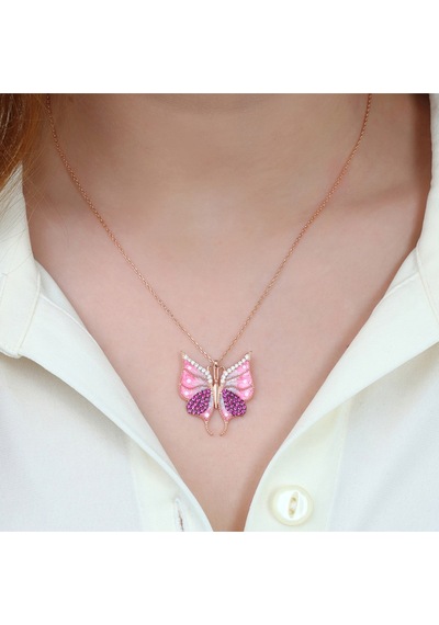 Modahilye 925 Ayar Gümüş Pembe Kelebek Zirkon Taşlı Rozegold Kadın Kolye Rose Gold