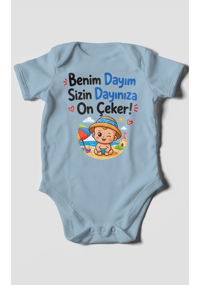 Morivokids Benim Dayım, Sizin Dayınıza On Çeker Kısa Kollu Bebek Body %100 Pamuk Bebe Mavisi