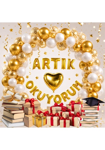 Okuma Bayramı Temalı Artık Okuyorum Folyo Harf Balon Beyaz Gold Konfetili Süsleme Çok Renkli