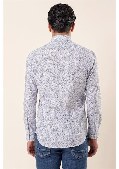 İmza Koyu Mavi Uzun Kollu Baskılı Sert Yaka Cepsiz Pamuklu Likralı Casual Slim Fit Gömlek 1004230135-mavi Mavi