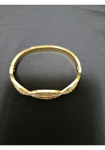 Kadın Gold Renk Antik Desenli Kelepçe Bilezik - Zirkon Taşlı 6 Cm Standart Boy Bileklik Altın