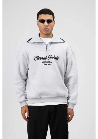 Vamos Oversize Fermuarlı Yaka Sweatshirt Açık Gri