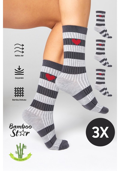 Bamboo Star Kadın Gri-füme Soket Dikişsiz Kalp Desenli Çorap 3'lü Paket Sıkmayan Çorap / İz Bırakmaz